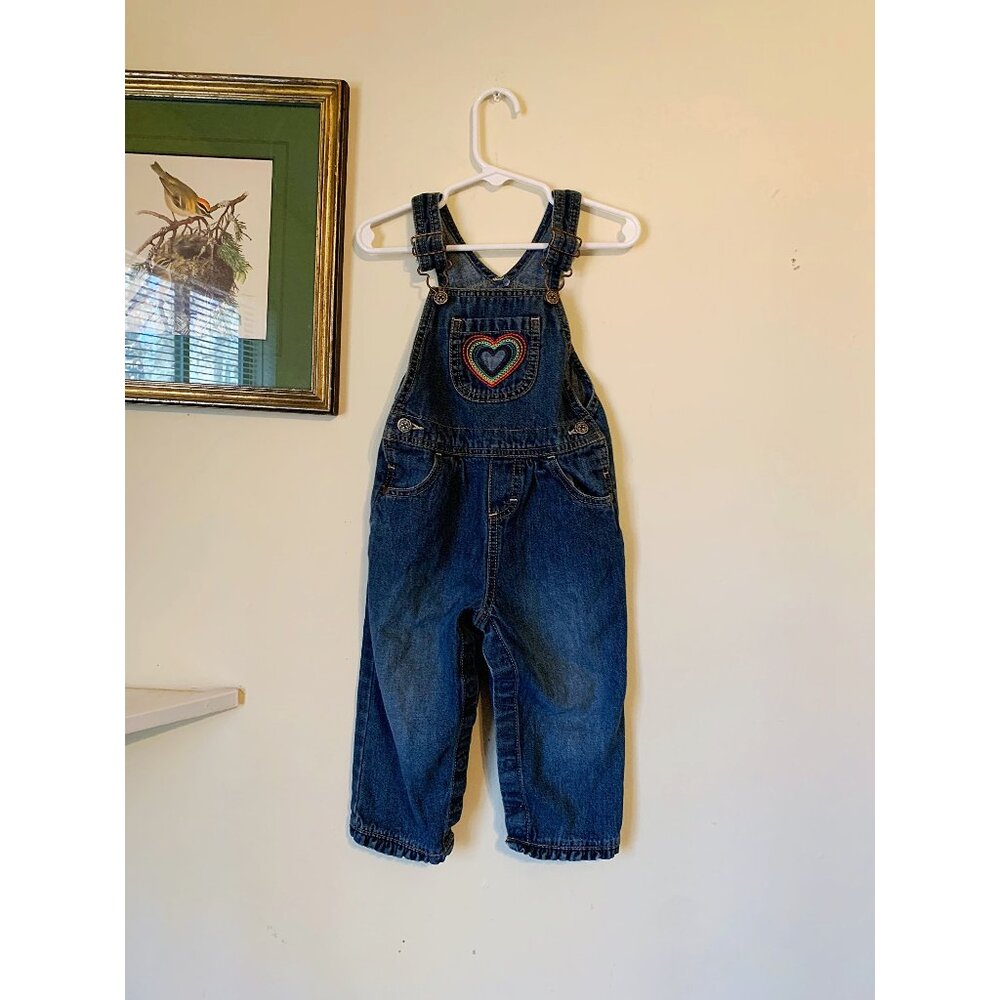 Vintage 90s Toddler Girls Oshkosh Bib Overalls Rainbow Heart Size 24 Months